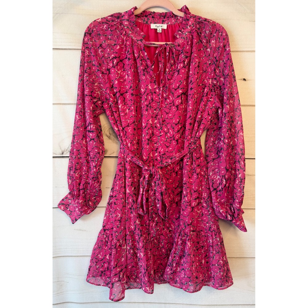 Fate Pink Leopard Floral Ruffle Mini Dress Long Sleeve Tie Neck Small FD7692PS